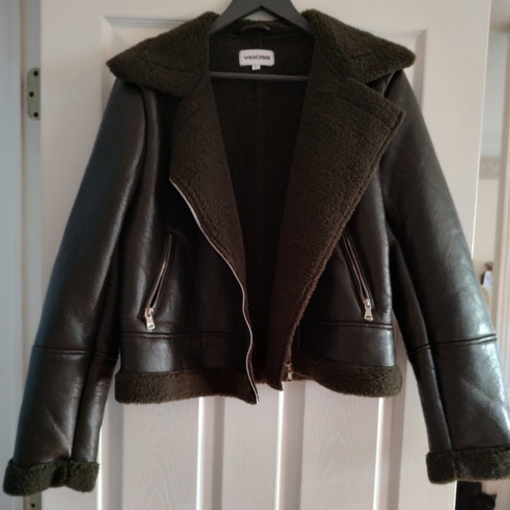 Vigoss Faux Leather Faux Fur Moto Jacket Dark Green Size L
